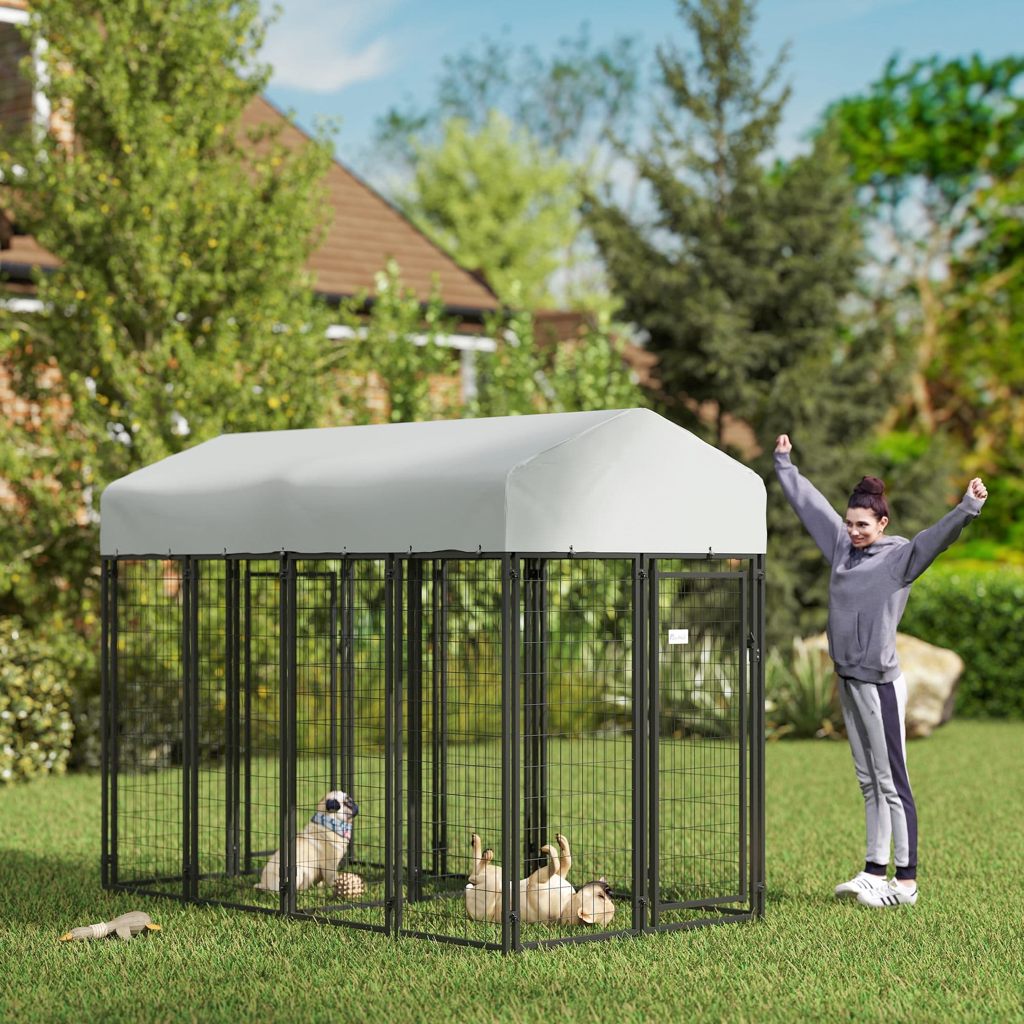  Outdoor Dog Kennel with Two-Room Design, Water-Resistant & Sun-Proof Cover, for S, M, L Dogs, 8' x 4' x 6'