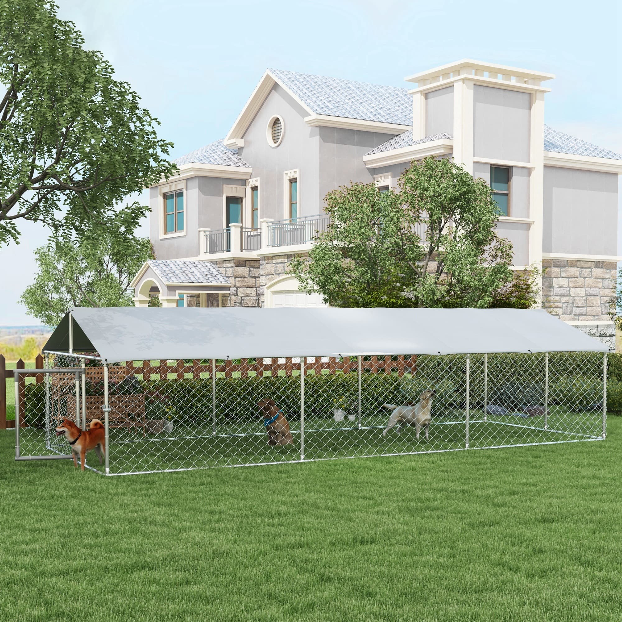  19.7' x 7.5' x 4.9' Outdoor Dog Kennel for Large-Sized Dogs with Waterproof UV Resistant Roof, Silver