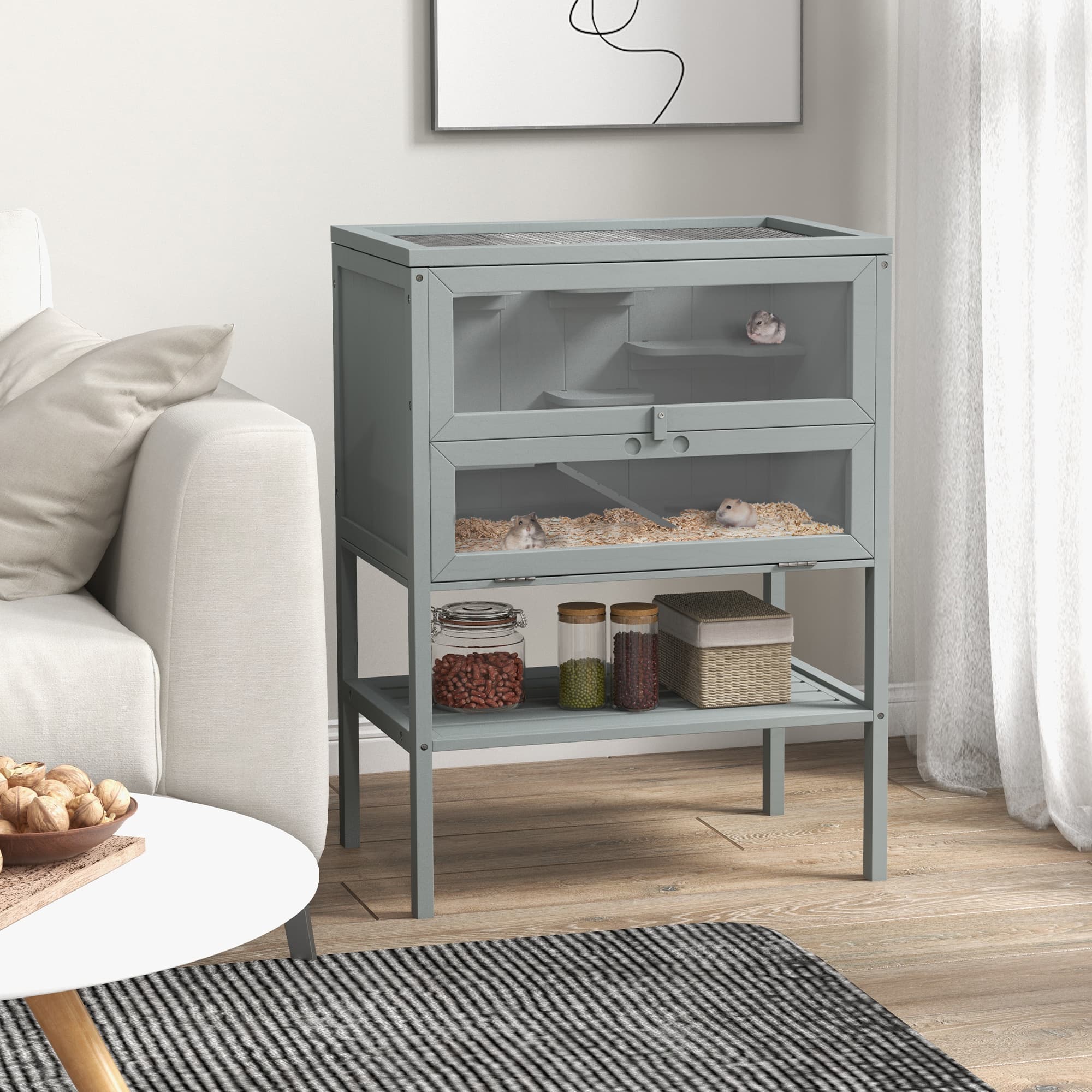  3-Tier Wooden Hamster Cage Mice and Rat Cage Small Animals Hutch with Openable Top, Front Door, Storage Shelf, Gray