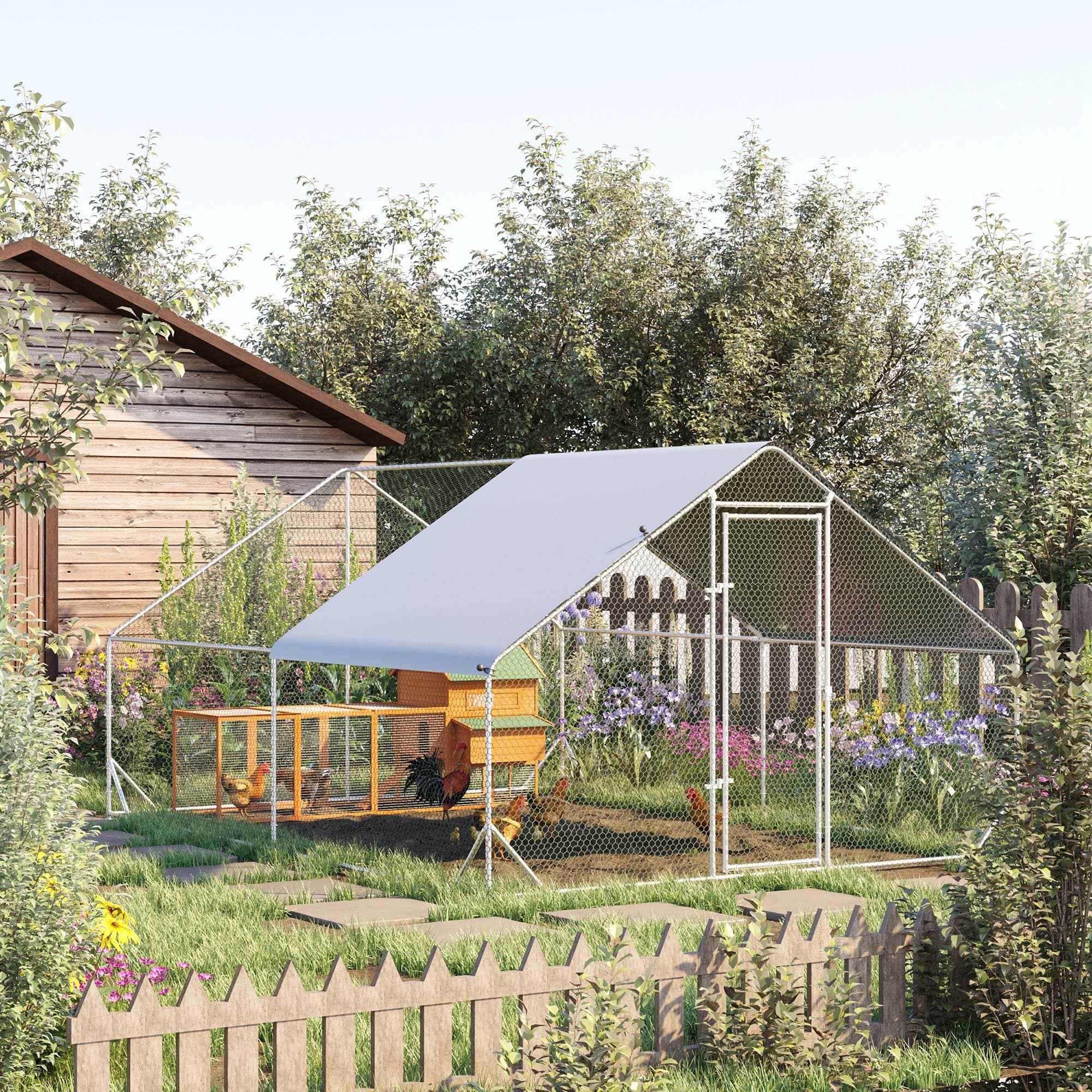  10' x 13' x 6.5' Metal Frame Chicken Run, Outdoor Hen House with Cover & Lockable Door
