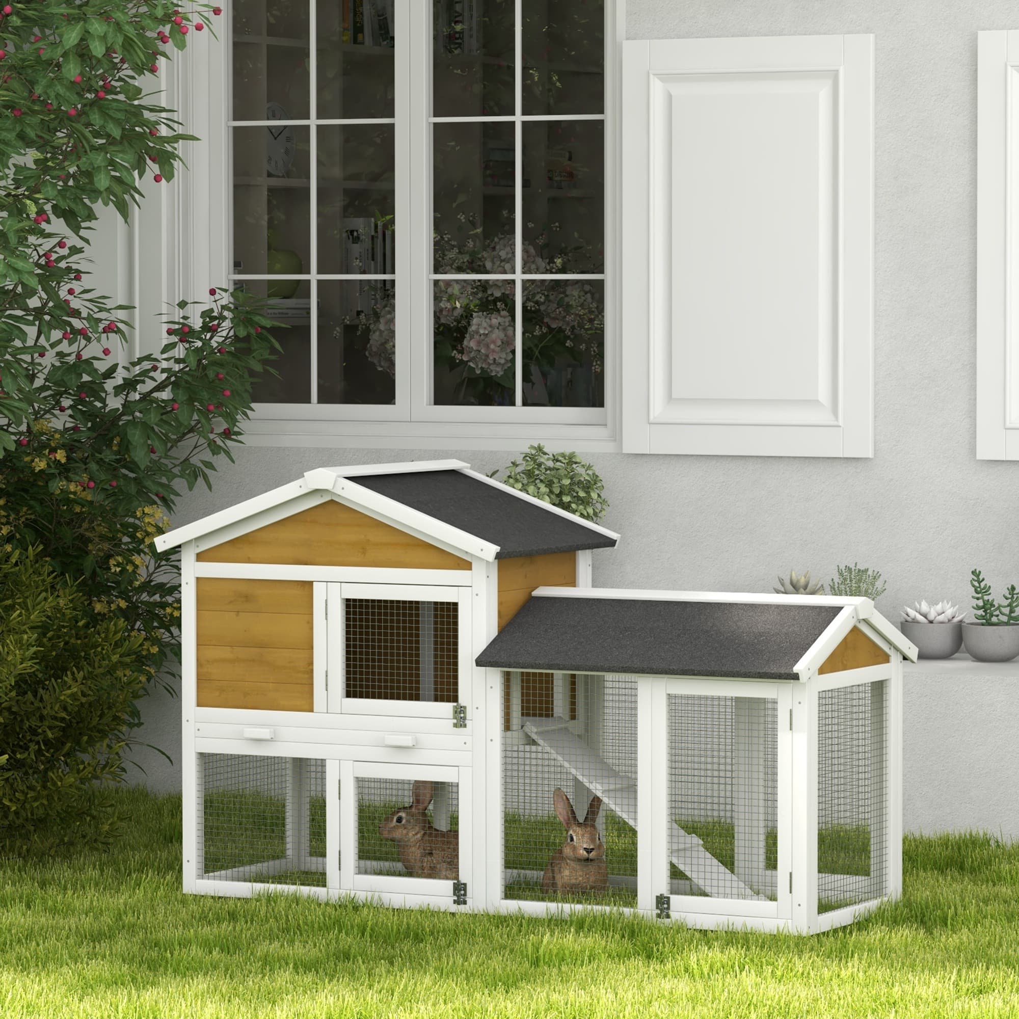  58" Wooden Rabbit Hutch with Run, Removable Tray, Asphalt Roof,  Lockable Doors and Ramp, Nature Wood