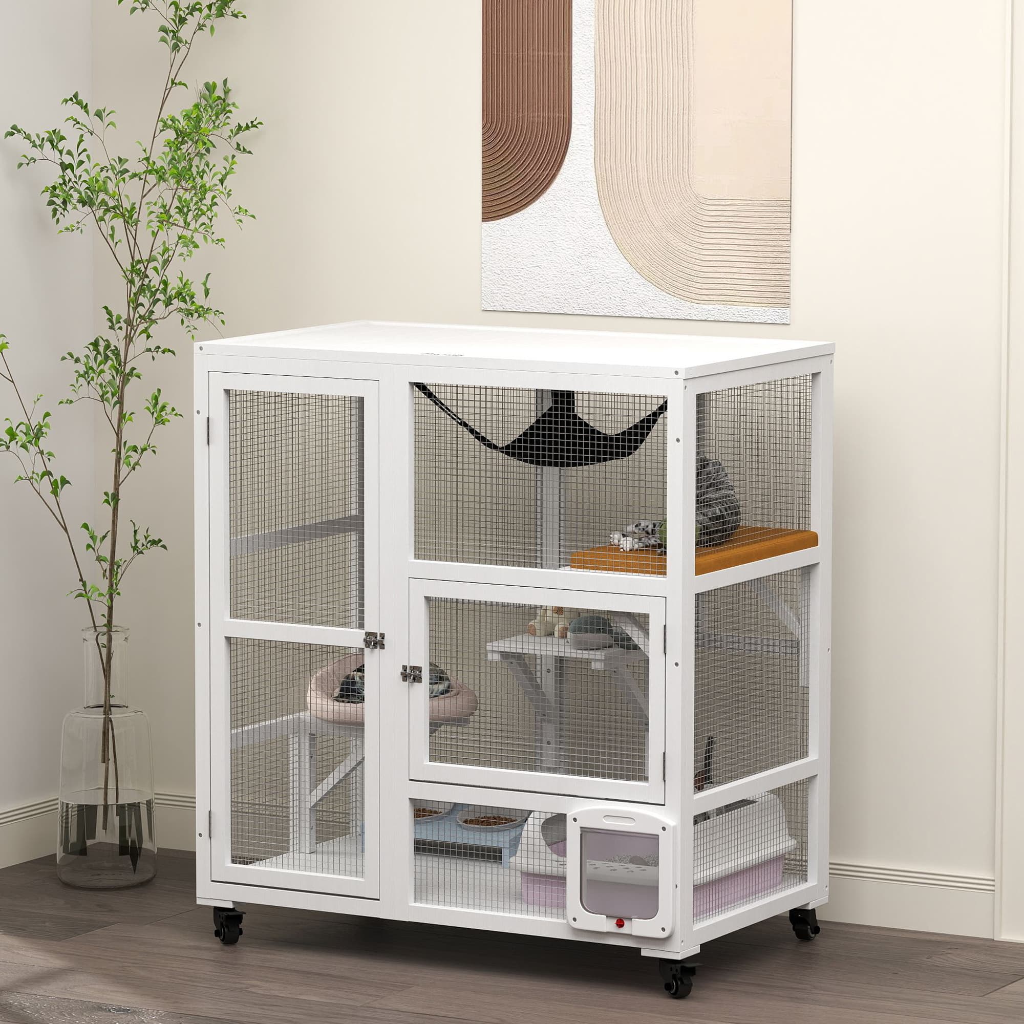  Cat House, Indoor Cat Enclosure on Wheels with Openable Top, 39", White