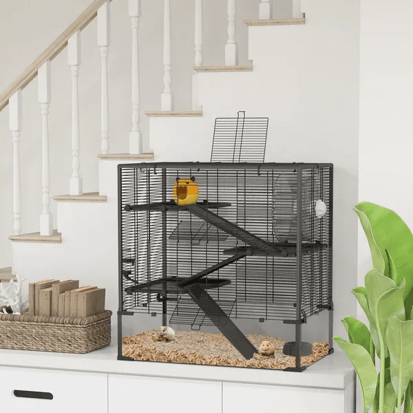 4 Tier Hamster Cage With Deep Tempered Glass Bottom, Running Wheel, Hut, Water Bottle, Food Dish