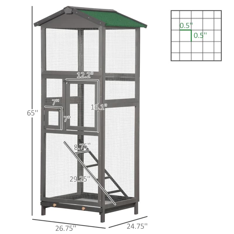 Wooden Bird Cage Outdoor Aviary House For Parrot, Parakeet, With Pull Out Tray And 2 Doors, Grey