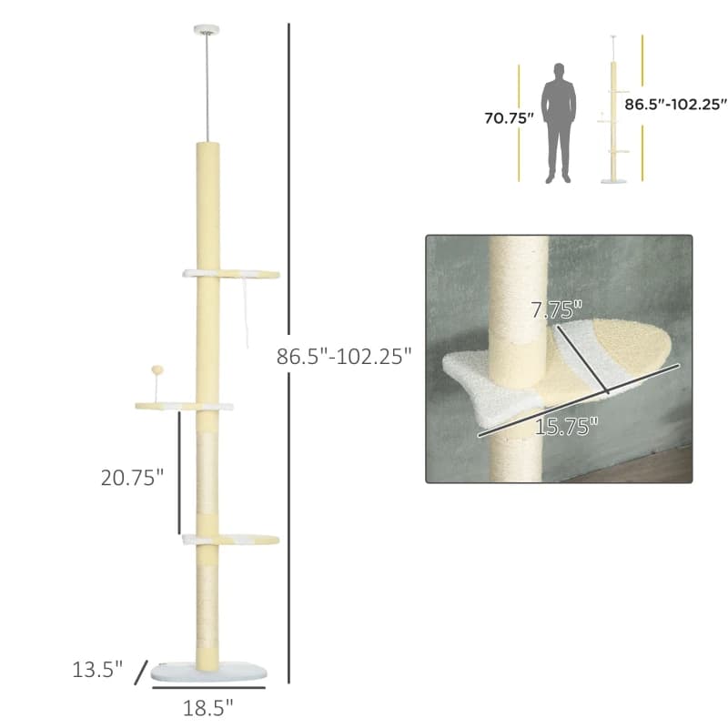 4-Tier Floor To Ceiling Cat Tree Height Adjustable 87 -103 Inch