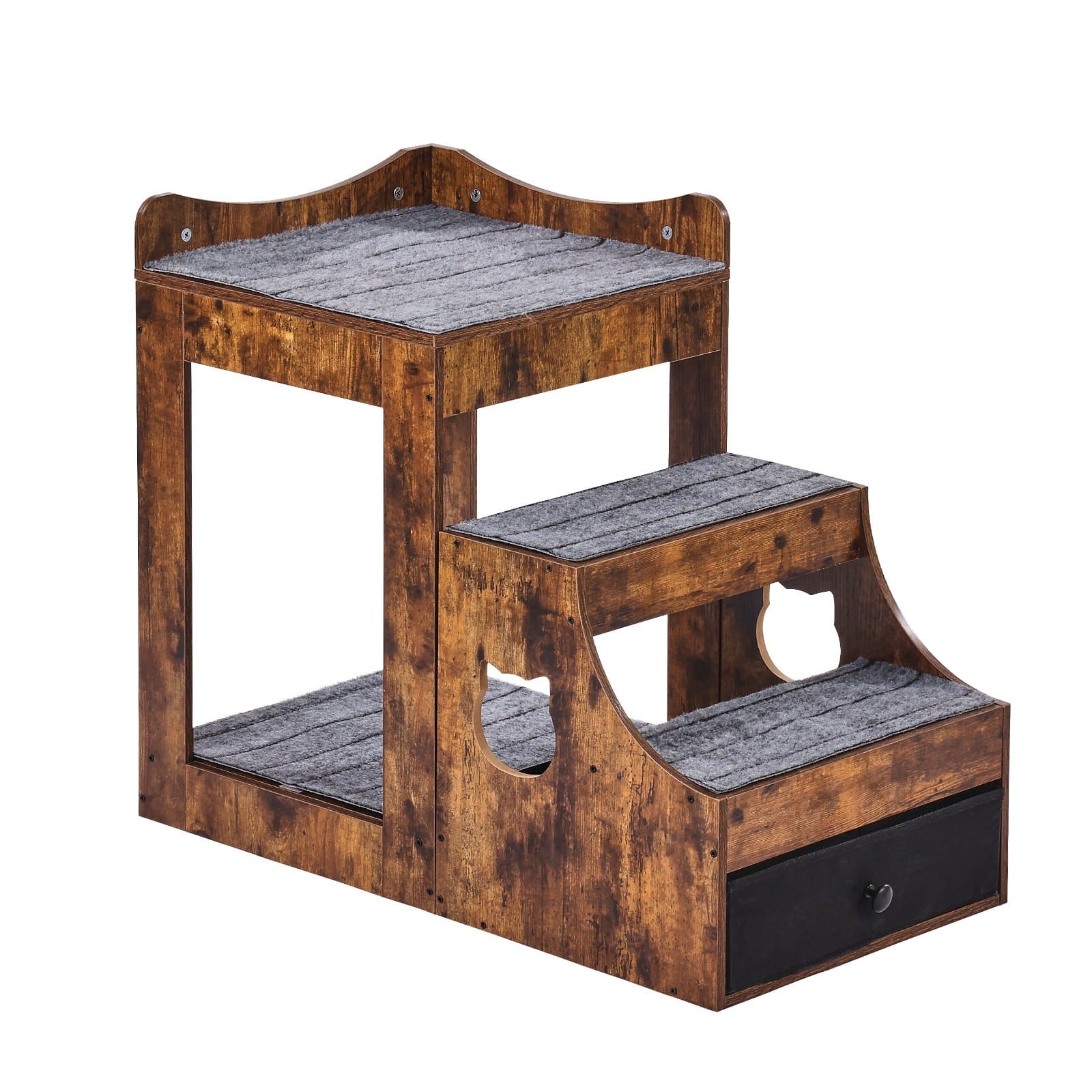 Pet Bunk Bed With Stairs Dog/Cat Window Perch With Storage Indoor Brown