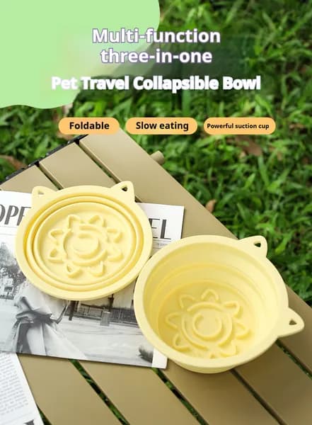 3-in-1 Pet Travel Collapsible Bowl Foldable Slow-Feeder With Strong Suction Cups Portable Silicone Dog Bowl With Hook For Hanging On Collar-Backpack