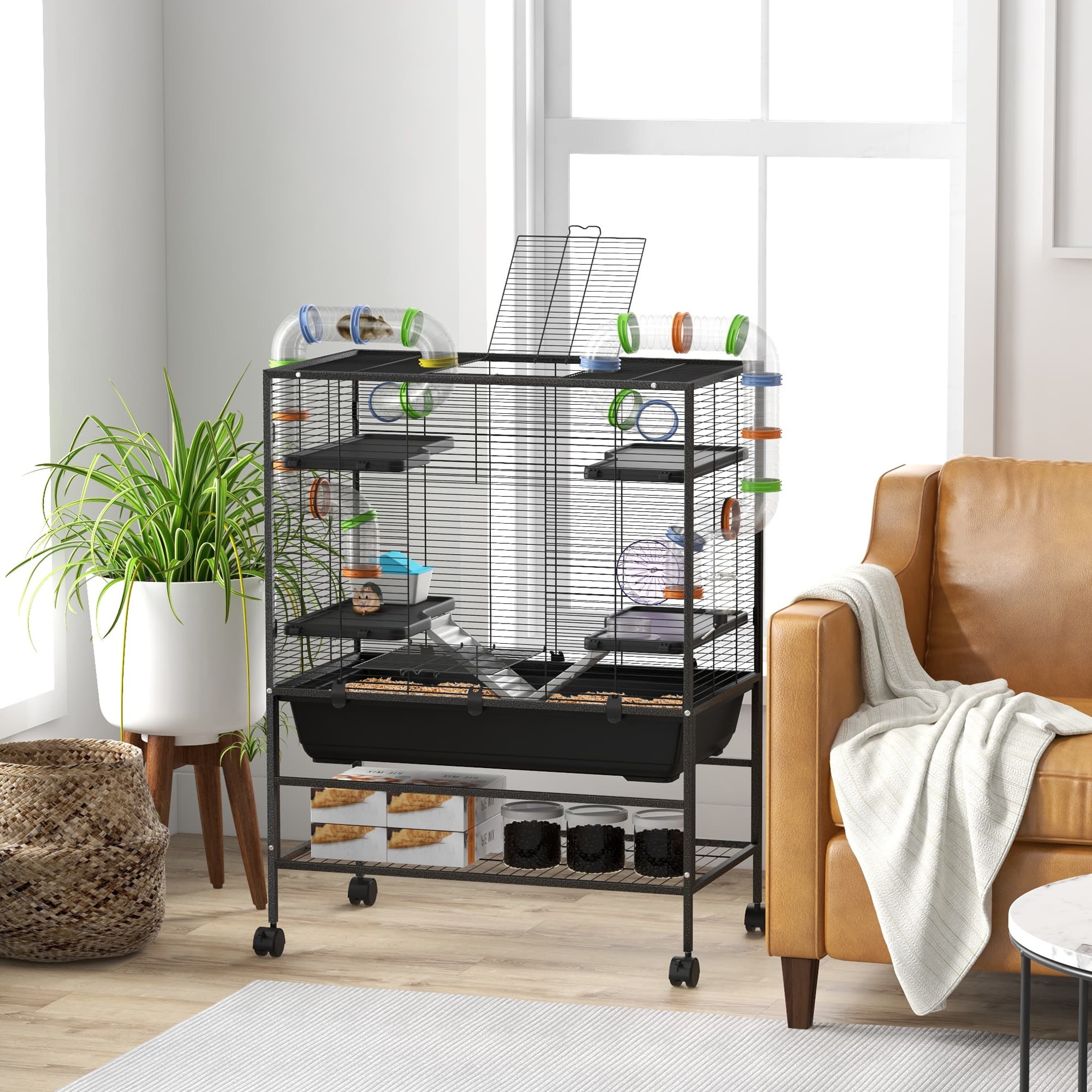 Small Animal Cage for Syrian Hamster, Gerbil Cage with Tubing System, Running Wheel, Ramps, Platforms