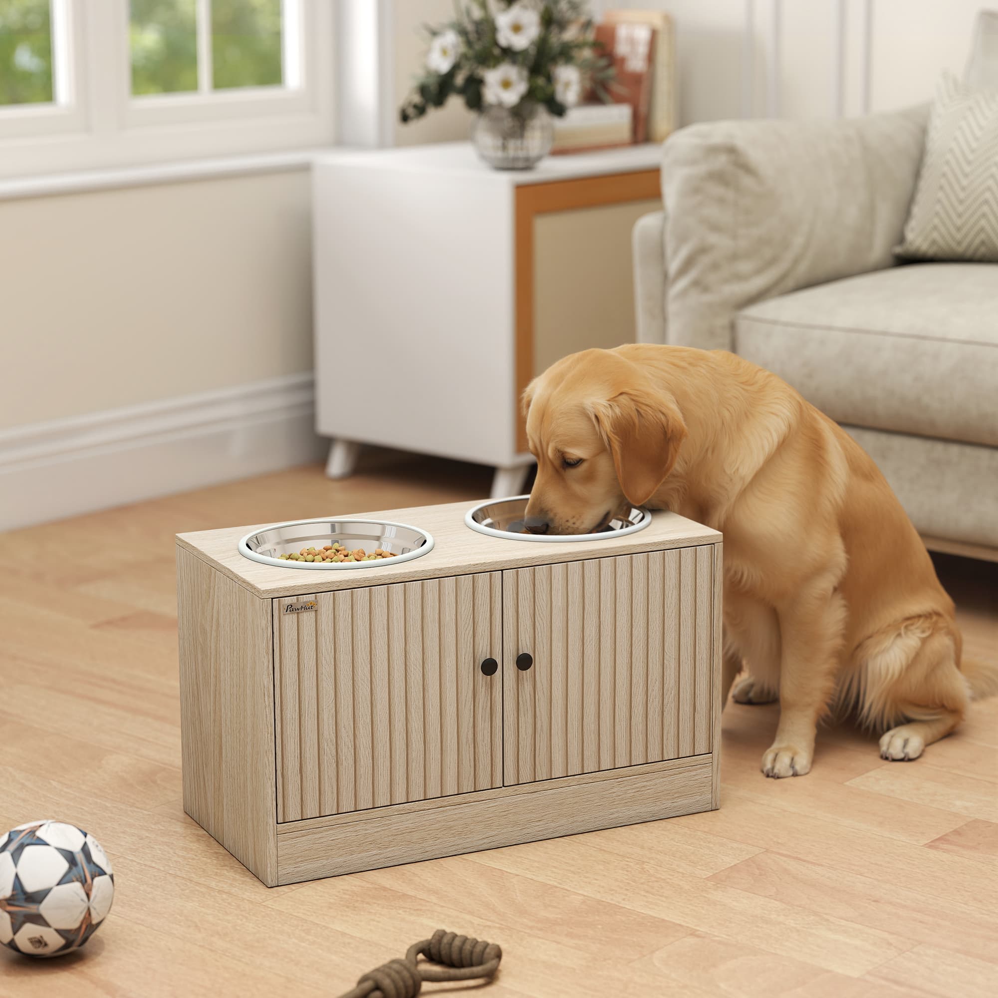 Elevated Dog Bowls with Storage Cabinet, 2 Stainless Steel Bowls, Slow Feeder, Dog Feeding Station for Large Dogs, Oak