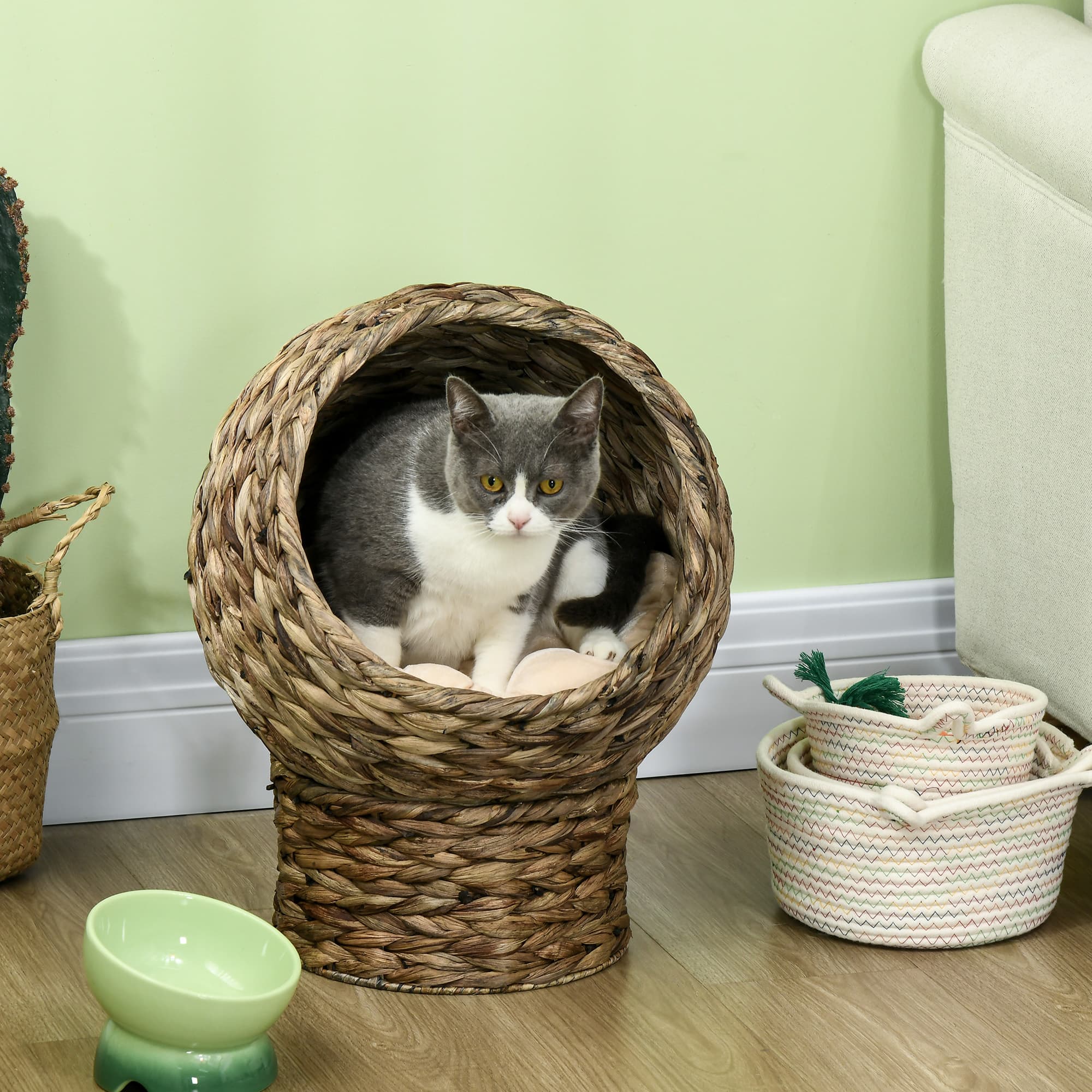 Handwoven Elevated Cat Bed with Soft Cushion & Egg Chair Shape, Basket Bed Kitty House with Stand, Raised Wicker House for Indoor Cats, 20" H, Gray