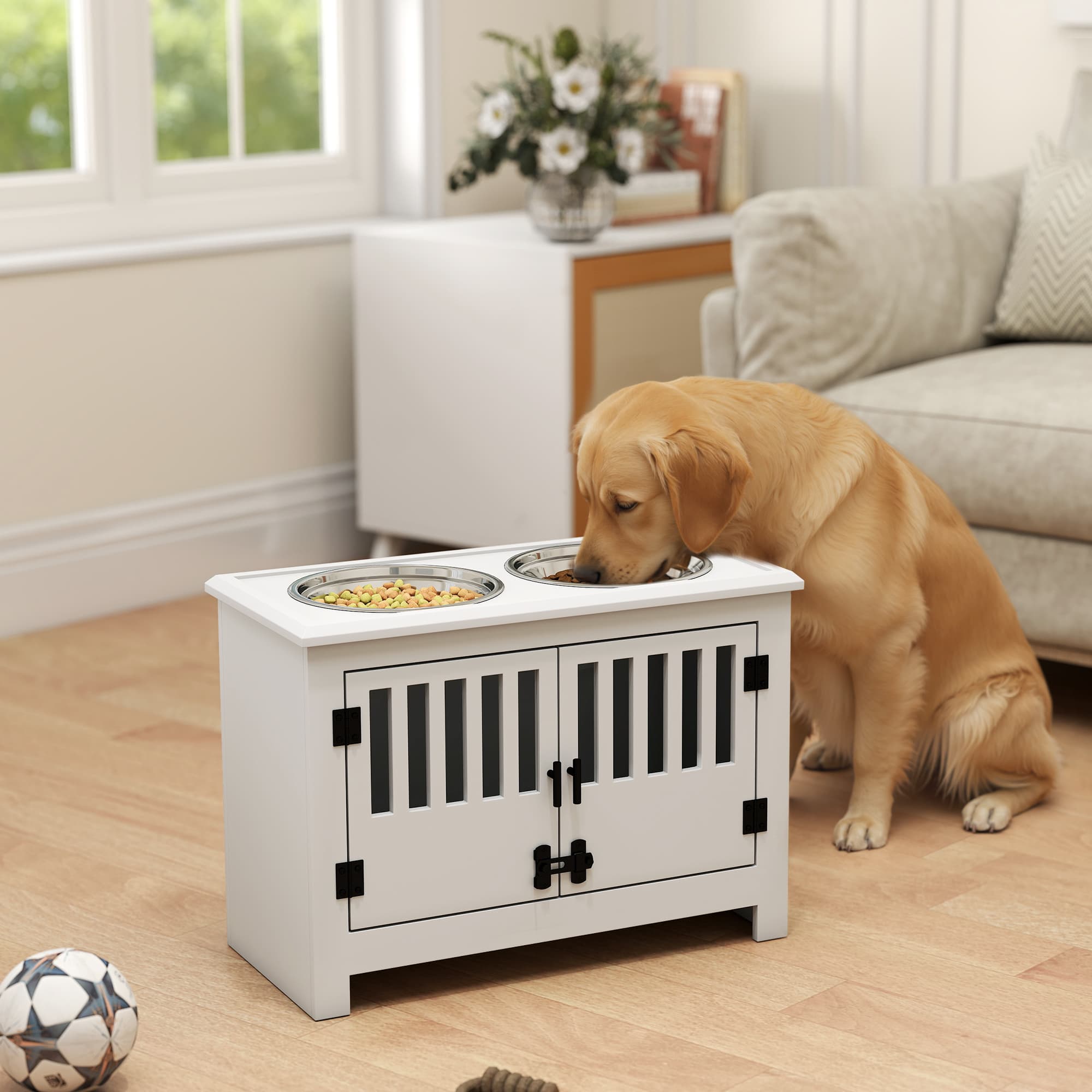 Dog Food Storage Cabinet with Bowls & Dog Feeding Station, White