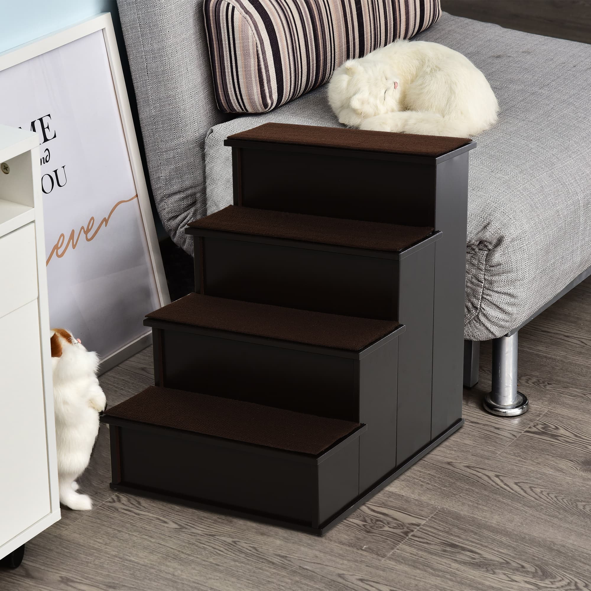 Pet Stairs, Small Pet Steps with Cushioned Removable Covering for Dogs and Cats Up To 22 lbs, Brown