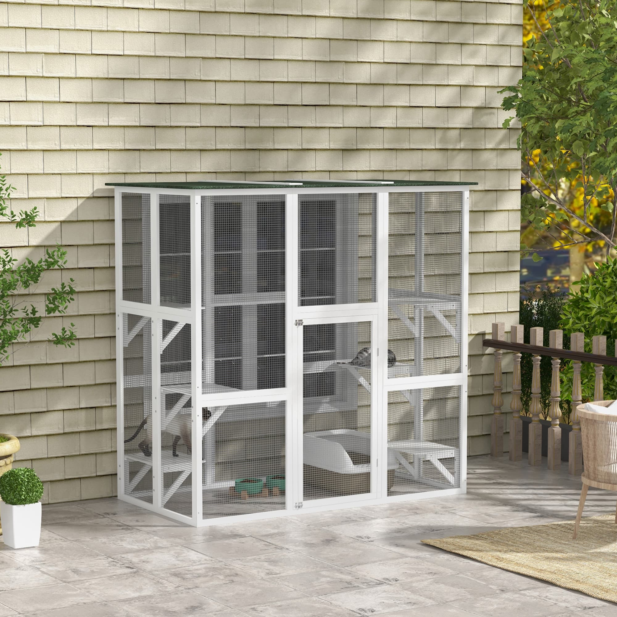 Outdoor Cat House Big Catio Wooden Feral Cat Shelter Enclosure with Large Spacious Interior, 6 High Ledges, Weather Protection Asphalt Roof, 71" L, White