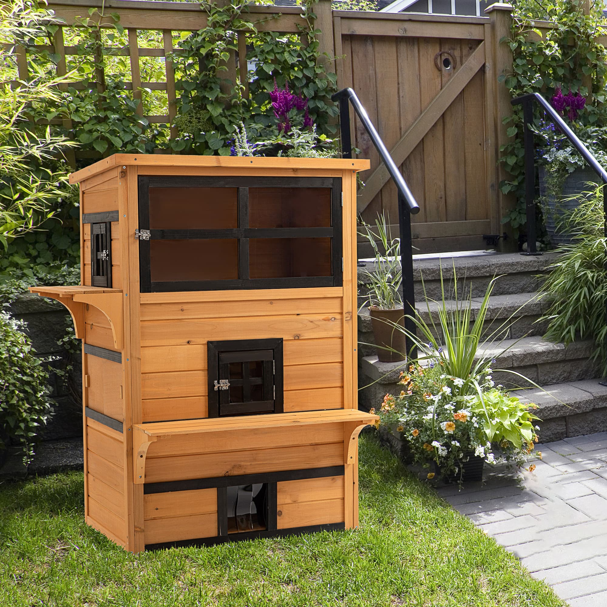 Outdoor Cat House, 3-Tier Kitty Shelter with 5 Escape Doors, Weather Resistant, Yellow & Black