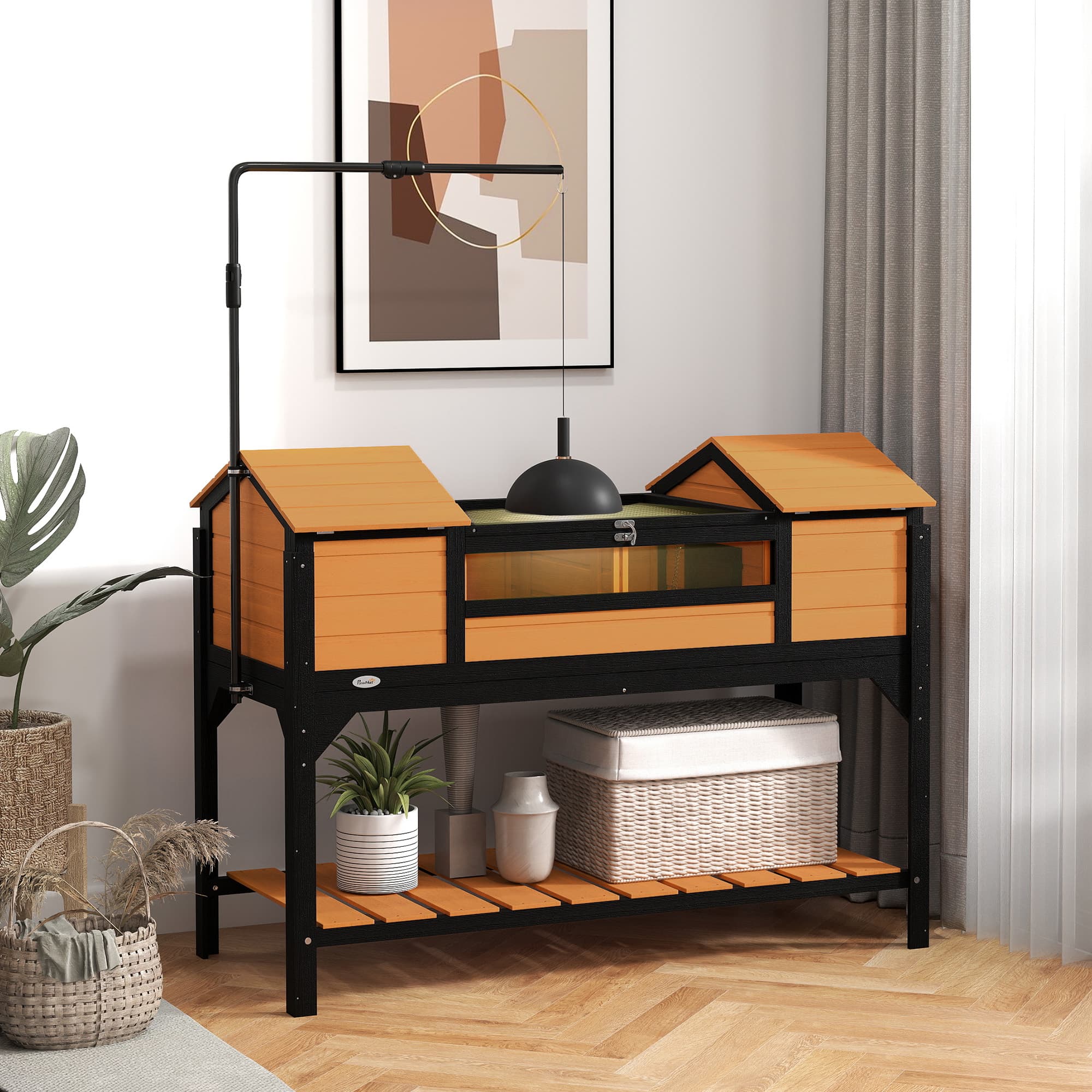 Tortoise Enclosure Tortoise House with Adjustable Lamp Holder Storage Shelf, Dual Main Houses, Openable Lid, Yellow