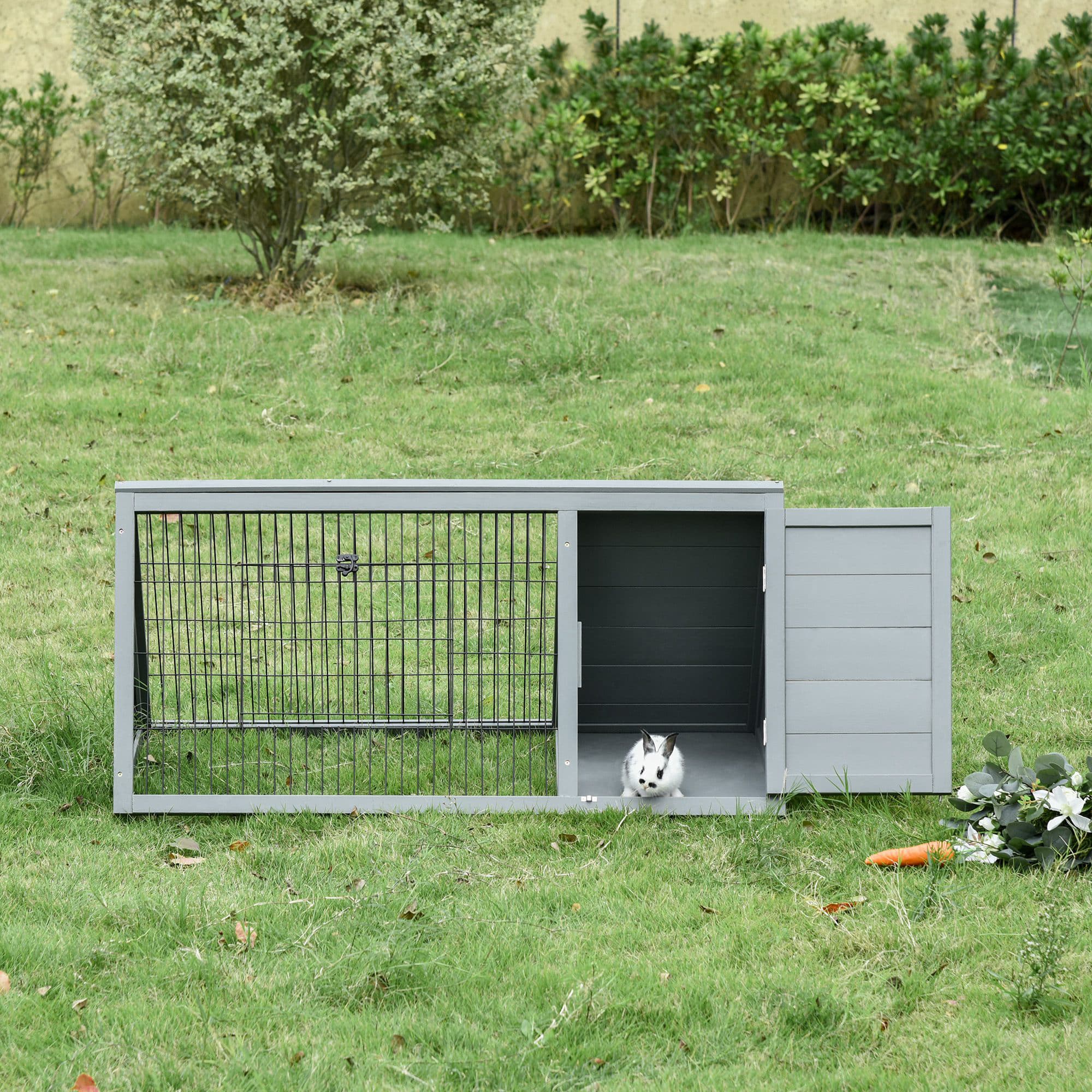 46" x 24" Wooden A-Frame Outdoor Rabbit Hutch, Small Animal Cage, Bunny Hutch with Outside Run & Ventilating Wire, for Rabbits, Chickens, Ducks, Gray