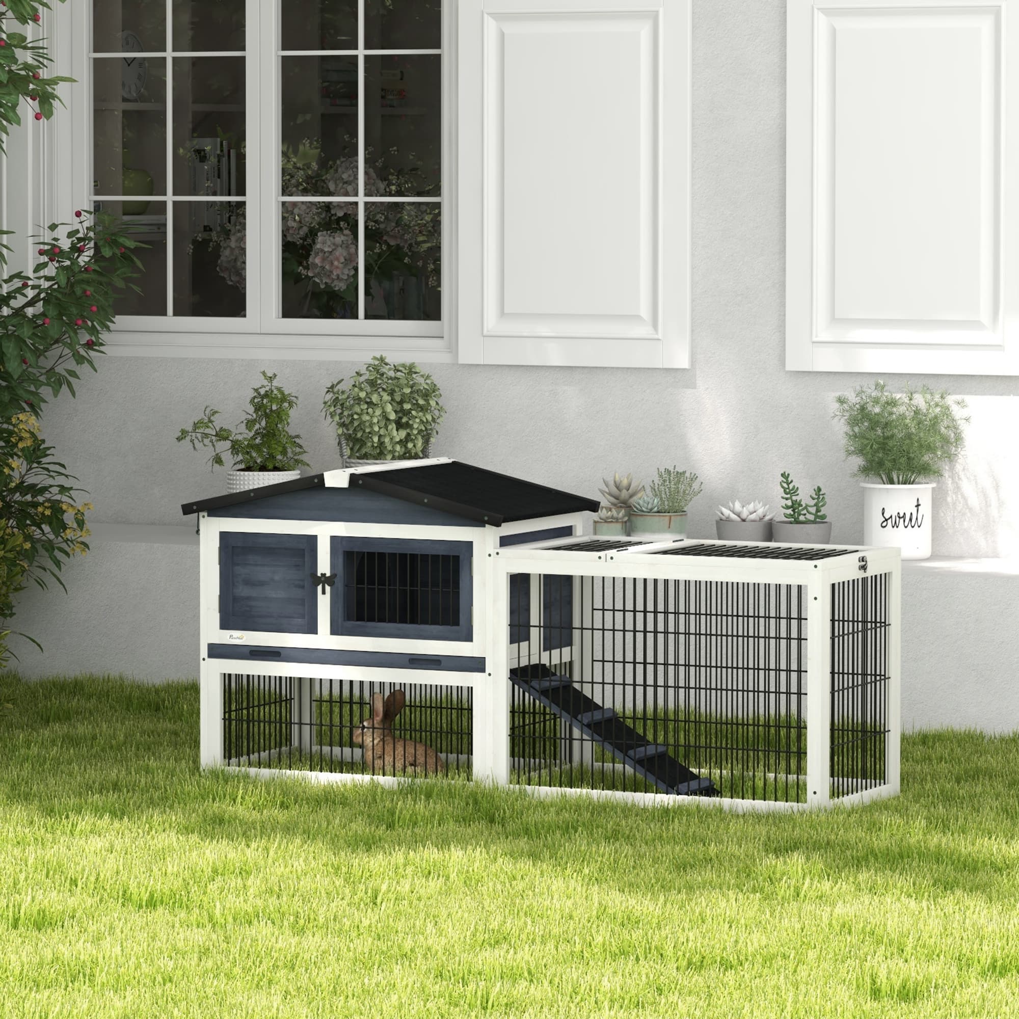 2 Level 59" Outdoor Rabbit Hutch with Openable Top, Dark Gray