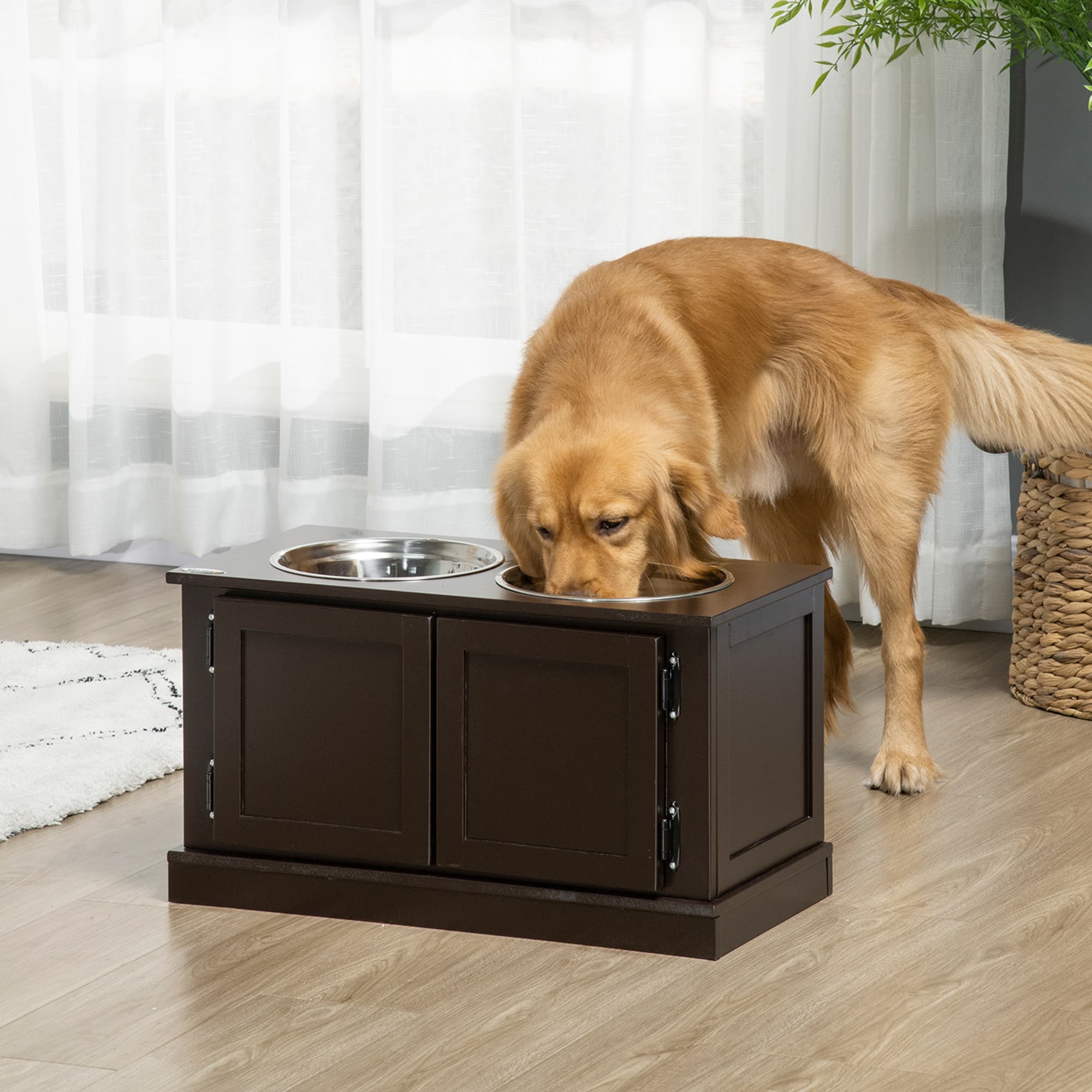 Elevated Dog Bowls with Storage, Two Stainless Steel Bowls for Large Dogs, Coffee