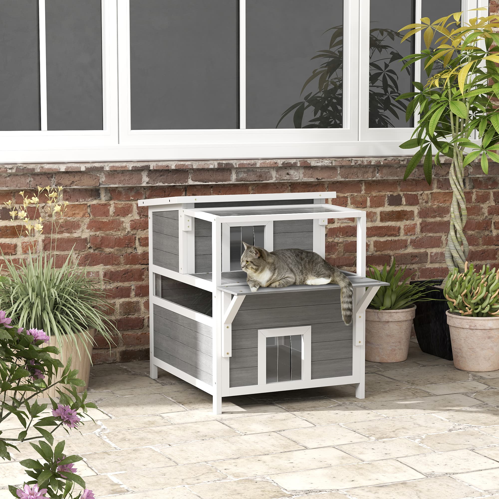 2-Story Wooden Cat House Outdoor with Balcony, Openable Top, Escape Door, Removable Panel & Floor, for Backyard, Outside