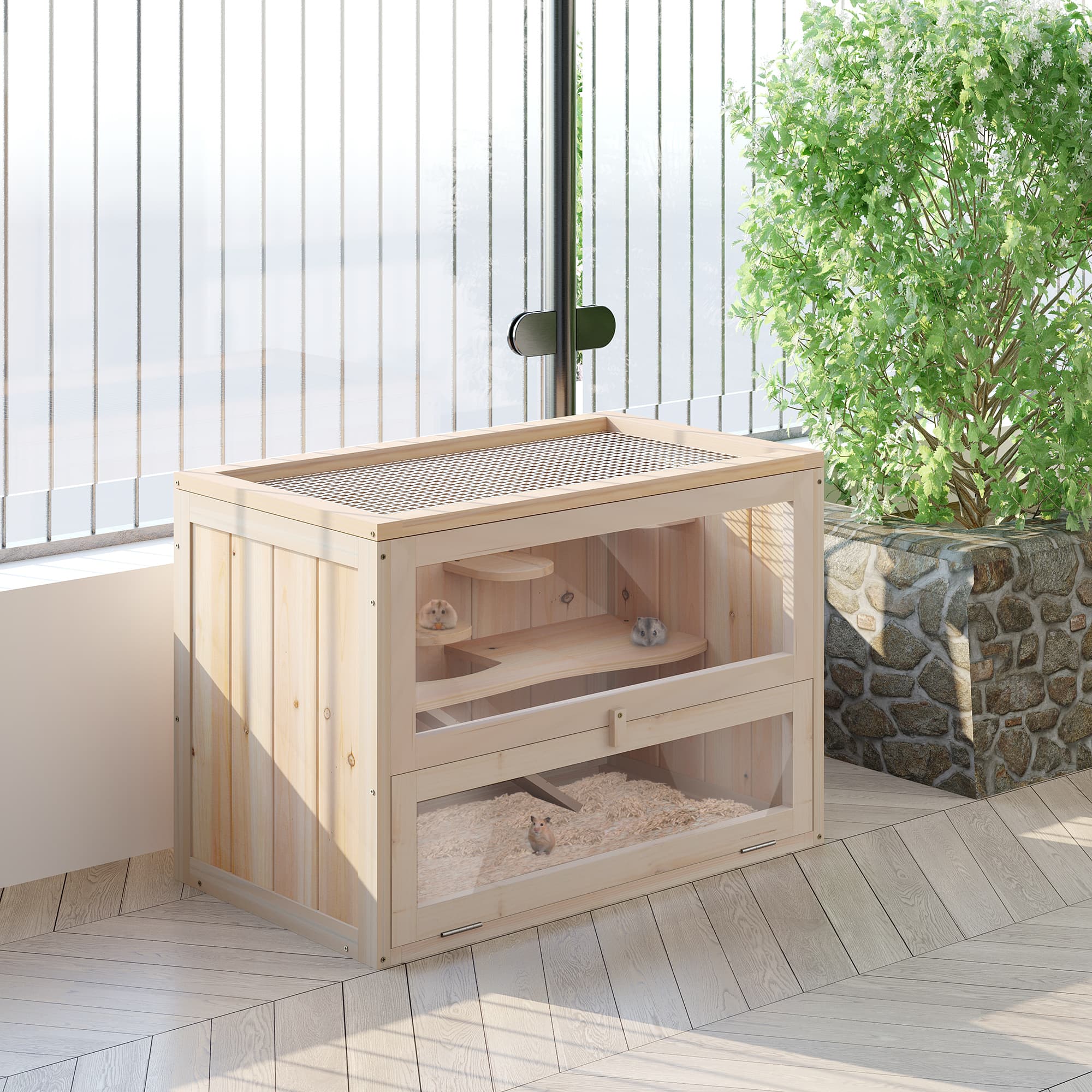 2-Level Hamster Cage Mice and Rat House, Small Animal Habitat for Guinea Pigs, Chinchillas with Openable Top, Front Door, Shelf and Ladder, Natural