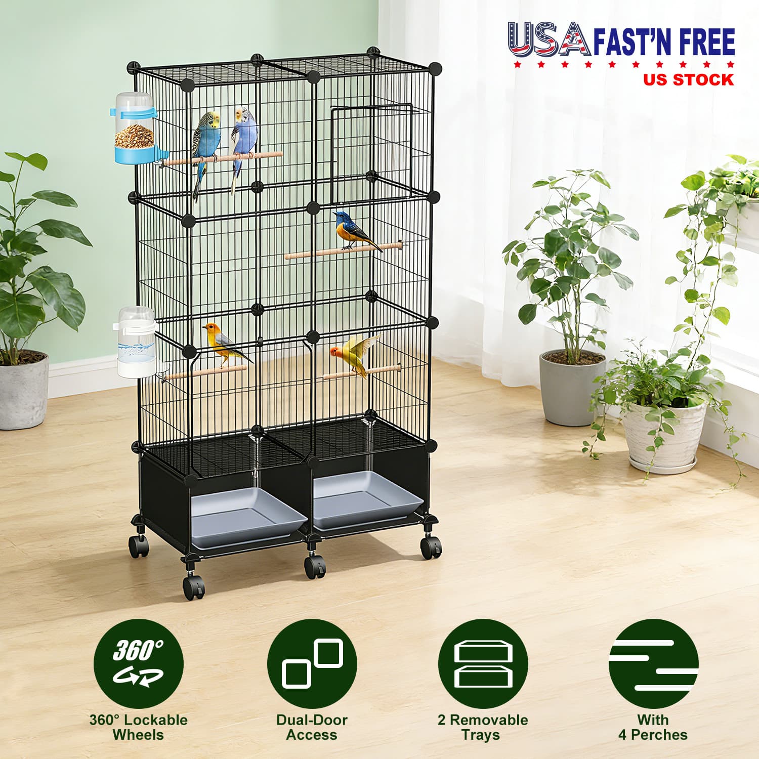 1Pc 46in Bird Cage Spacious Indoor Pet Bird House With 4 Wooden Perches 2 Slide-Out Tray2 Water Bottle&Feeder Lockable Wheels For Parrot Parakeets Cockatiel Lovebird Small Mid-Sized Birds