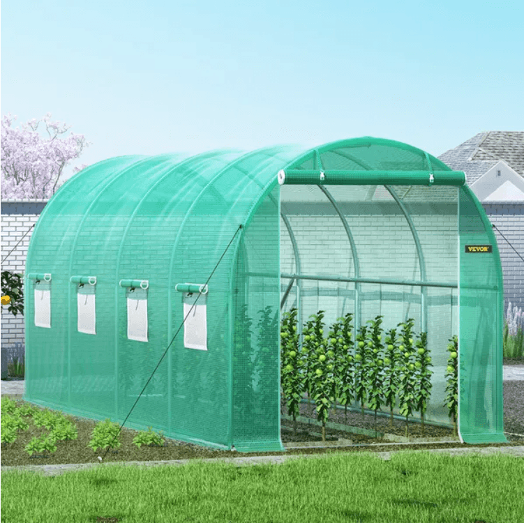 VEVOR Walk-in Tunnel Greenhouse, 14.8 X 6.6 X 6.6 Ft Portable Plant Hot House W Galvanized Steel Hoops, 1 Top Beam, Diagonal Poles, Zippered Door 8 Roll-up Windows, Green