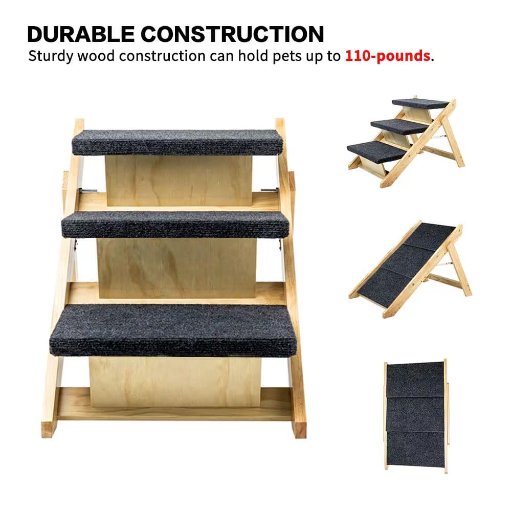 Wood Pet Stairs Pet Steps Foldable 3 Levels Dog Stairs Ramp Perfect For Beds And Cars Portable Dog Cat Ladder Up To 110 Pounds