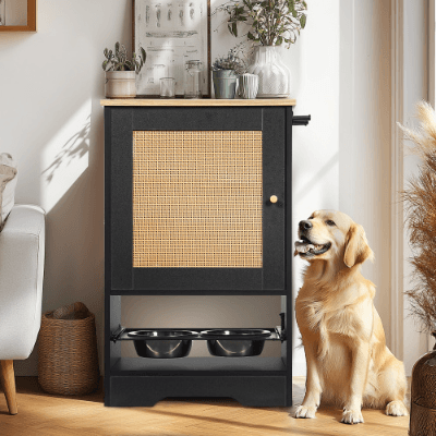 Feeding Station With 1 Storage Cabinets, Pet Feeding Station With 2 Elevated Dog Bowls, Side Hooks, Anti-tip Kit, Hidden Pet Feeder Station For Feeding Watering, Black