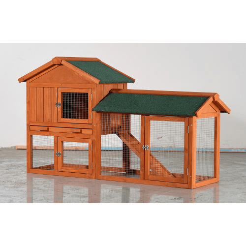 Large Wooden Rabbit Hutch, 2 Story Outdoor Bunny Cage With Waterproof Asphalt Roof, Pull-Out Tray Ramp, Fir Wood Pet House For Rabbits, Chickens, Guinea Pigs Brown Green